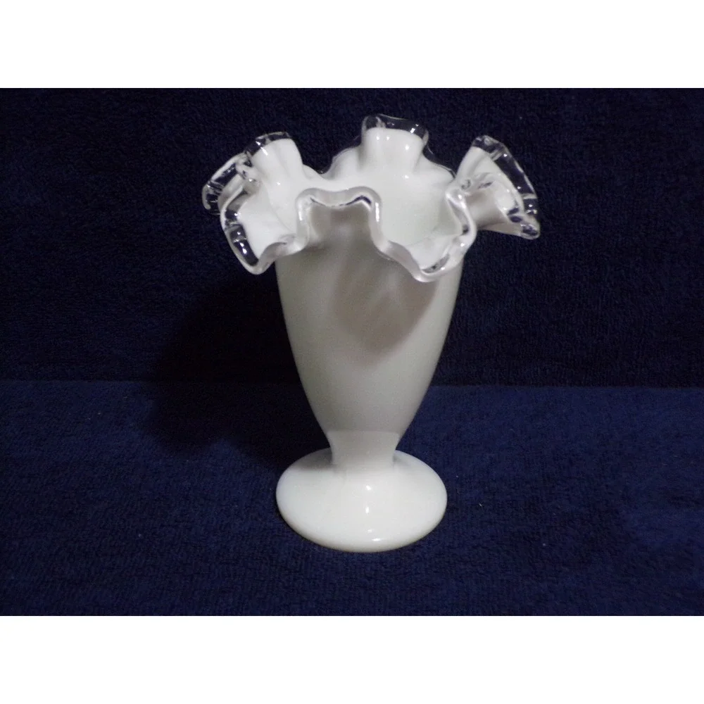 Vintage Fenton Silver Crest White Milk Glass Clear Ruffled Edge Vase 6.5